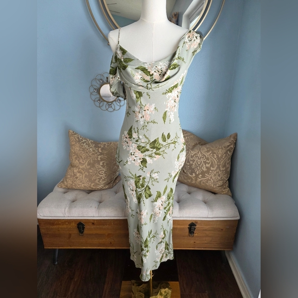 Reformation Sage Green Floral One-Shoulder Midi Dress